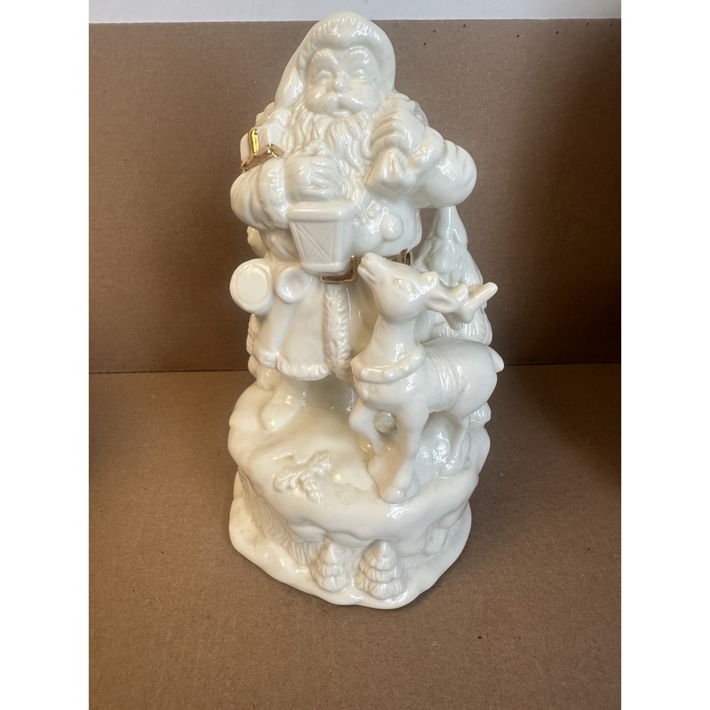 Vtg White Glazed Ceramic Porcelain Santa Claus Reindeer Lantern Figurine 9.5"